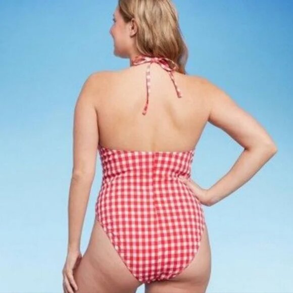 WILD FABLE RED WHITE GINGHAM PRINT KEY HOLE FRONT HALTER TIE SWIMSUIT SIZE LARGE - Picture 4 of 5